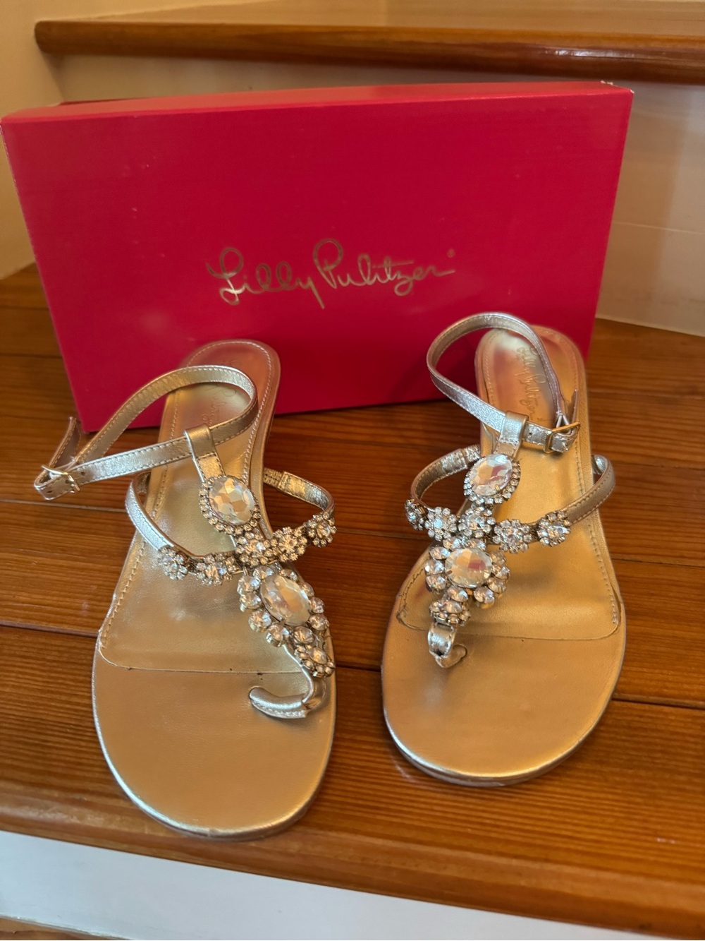 Lilly Pulitzer Gold Jeweled T-Strap Wedge Sandals - Picture 6 of 7